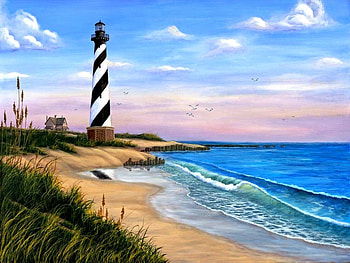 Ocean Lighthouse, lighthouse, waves, hatteras, cape, sky, beach HD wallpaper
