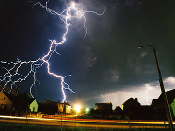 Storm, night, house, forces, little, lightning, darkness, light, nature, village HD wallpaper