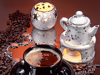 New Year Coffee for Andonia, silber, burning candle, decoration, coffee, beautiful, pot, coffee cup HD wallpaper