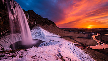 Seljalandsfoss Waterfall, Iceland, sunset, river, landscape, clouds, colors, sky, rocks HD wallpaper
