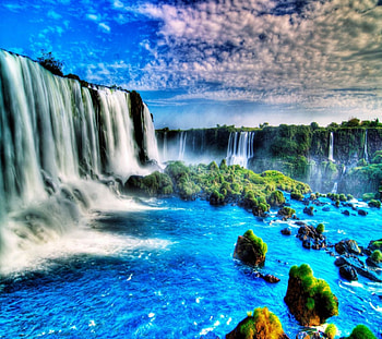 Waterfalls, blue sky, blue water, graphy, green, clouds, beautiful, nature HD wallpaper