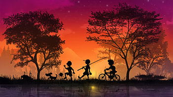Back When Days Were Endless, artist, artwork, art, digital-art, kids, boys, sunset, tree, trees, sky, artstation HD wallpaper