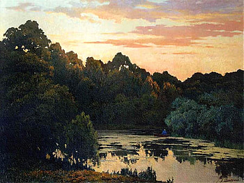 B. Dovbenko. At sunset, river, painting, art, b dovbenko, sunset, tree HD wallpaper