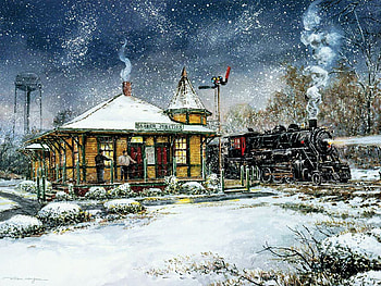 Barber Junction, snow, winter, painting, station, railways, train, locomotive HD wallpaper