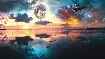 Sereal, space ship, moon, sea, clouds, space, sky, sunset HD wallpaper