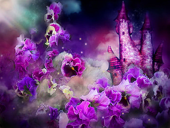 Castle among pansies, pansies, purple, tale, fantasy, beautiful, flowers HD wallpaper