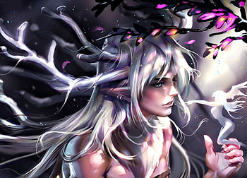 Winter deer prince, white, black, horns, sakimichan, craciun, art, man, fairy, pink, fantasy, christmas, luminos, guy HD wallpaper