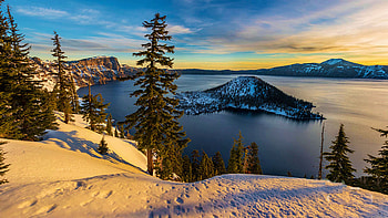 Crater Sunrise, morning, oregon, snow, clouds, trees, sky, usa, winter, landscape, colors HD wallpaper
