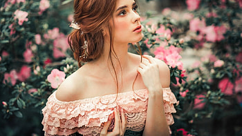 Pretty In Lace , flowers, Brunette, Lacey dress, Female HD wallpaper
