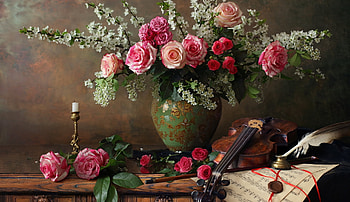 ღ, Roses, Violin, Twigs, Feather HD wallpaper