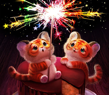 2022 ~ Year of the Tiger, fireworks, tiger, cub, piper thibodeau, cute, chinese zodiac, new year HD wallpaper