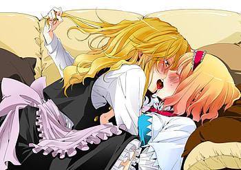 Touhou, headband, bed, kiss, blonde hair, blush, 2girls, long hair, dress HD wallpaper