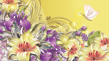 Iris Lavender Purple Flowers Papillon Fleurs Lilies Gold Netting Yellow Silk Golden Butterfly Flower Garden Detail HD wallpaper