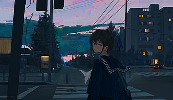 End of day by XilmO@夕末, city, girl, school uniform, building, Anime, anime girl, anime city HD wallpaper