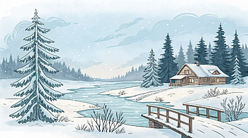 Serene Winter Scenery - Ultra, winter scene, winter landscape, snow, cabin, river HD wallpaper