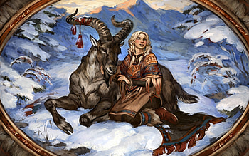 Goat Year (2015), blue, winter, animal, white, horns, art, year, girl, goat, woman, fantasy, chinese zodiac HD wallpaper