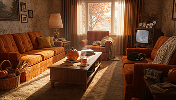Cozy Autumn Living —, Living Room, Sofa, Coffee Table, Pumpkin HD wallpaper