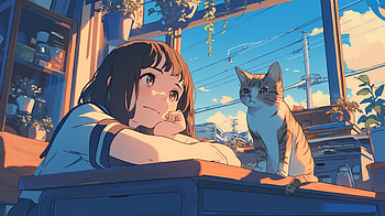 Anime Girl and Cat - Sunset Cityscape, cat HD wallpaper