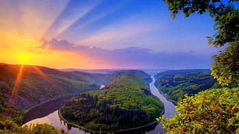 Horseshoe Sunset, river, colors, trees, sky, sun, forest HD wallpaper