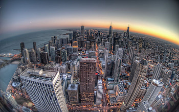 Cities, Sunset, Building, Skyscrapers, Chicago, Fish Eye HD wallpaper