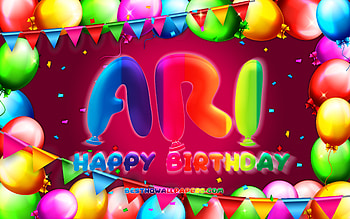 Happy Birtay Ari, , colorful balloon frame, Ari name, purple background, Ari Happy Birtay, Ari Birtay, popular american female names, Birtay concept, Ari HD wallpaper