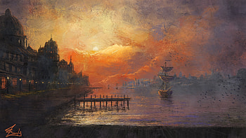 Sunset, ship, fantasy, art, joseph feely, water, orange, sea, summer, vara HD wallpaper