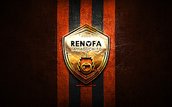 Renofa Yamaguchi FC, golden logo, J2 League, orange metal background, football, japanese football club, Renofa Yamaguchi logo, Renofa Yamaguchi HD wallpaper