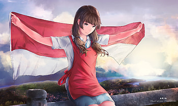 Girl with flag, original, anime, art HD wallpaper