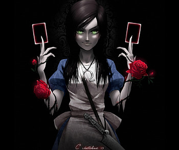 Black Cards, emotional, gloom, long hair, creepy, dress, darkness, alice, sinister, game, female, sexy, Alice Liddell, hot, evil, girl, gloomy, black hair, dark, anime girl, creep, anime, video game, serious, card, gown, green eyes HD wallpaper