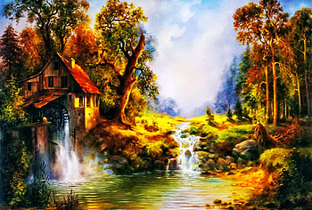The old mill, artwork, river, painting, waterfall, trees, watermill, stones HD wallpaper