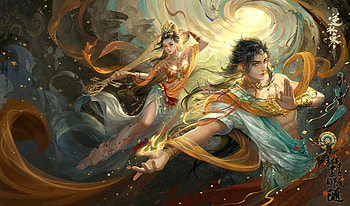 Fantasy couple, yellow, suisui, art, fantasy, man, couple, luminos, girl HD wallpaper