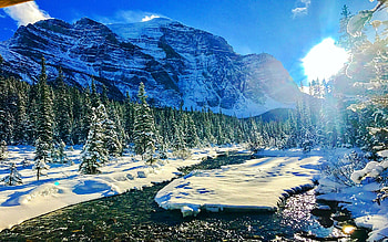 Mount Temple looming over Paradise Creek, Banff NP, Alberta, canada, rocks, sun, snow, landscape, trees HD wallpaper