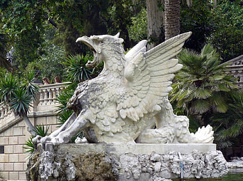 Griffon, wings, monument, statue, tree, fantasy, green, nature, creature HD wallpaper