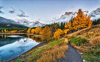 Reflections of fall, clouds, trees, colors, autumn, sky, forest, mountains, water HD wallpaper