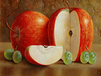 Red Apples & Grapes, still life, table, apples, painting, grapes, fruits HD wallpaper