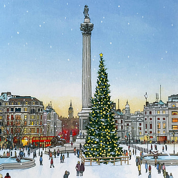 Trafalgar Square, Christmas tree, Festive illustration, Jonathan Chapman's artwork HD phone wallpaper