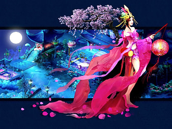 oriental princess, lantern, oriental, princess, tree HD wallpaper