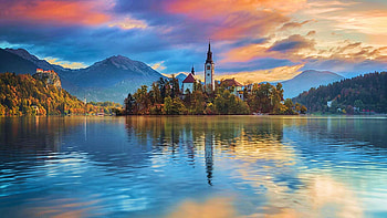 Bled Lake, clouds, sky, mountains, water, reflections, sunset, Slovenia HD wallpaper