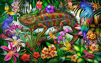 Chameleon Jungle, flowers, animal, digital, art, colors, trees HD wallpaper