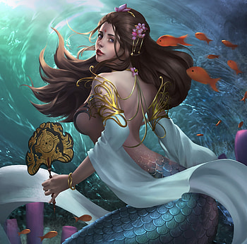 Mermaid, fantasy, fish, girl, water, yiian, hand fab, siren, hand fan, pesti HD wallpaper