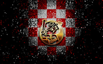 Hiroshima Carp, glitter logo, NPB, red white checkered background, baseball, japanese baseball team, Hiroshima Carp logo, mosaic art, Nippon Professional Baseball HD wallpaper