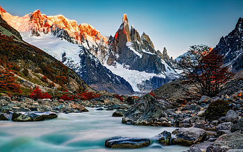 Laguna Torre, mountain lake, sunset, evening, Andes, Cerro Torre, mountain landscape, rocks, Patagonia, Argentina HD wallpaper