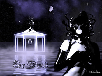Deep Midnight, head dress, mask, anime, moon, trees, pavilion, gloves, water HD wallpaper
