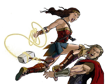 Wonder Woman Defeating Thor, wonder-woman, thor, artwork, digital-art, artist, deviantart HD wallpaper
