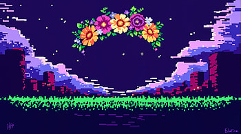 Enchanting Flower Crown: A Ultra Delight, flower crown, pixel art, flower, landscape, Night Sky HD wallpaper