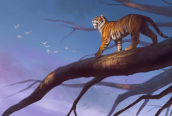Tiger Branch Sunset , tiger, animals, artist, artwork, digital-art, deviantart HD wallpaper