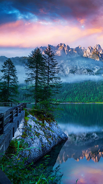 Montañas, Amanecer, Cielo, Paisaje, Lago HD phone wallpaper