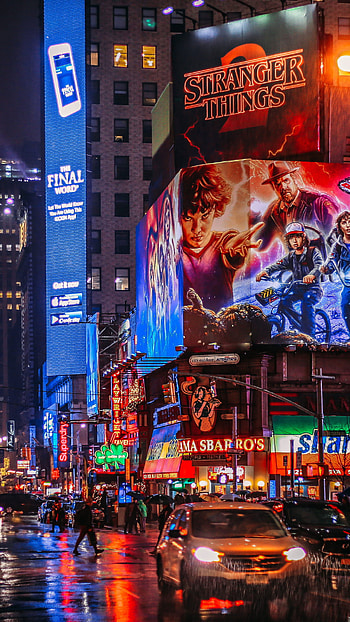 Stranger Things 2 sign, City at night, Architecture Broadway HD phone wallpaper