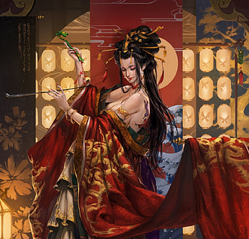 Fantasy girl, asian, fantasy, yellow, red, make, ma ke, girl, luminos HD wallpaper
