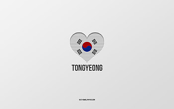 I Love Tongyeong, South Korean cities, Day of Tongyeong, gray background, Tongyeong, South Korea, South Korean flag heart, favorite cities, Love Tongyeong HD wallpaper